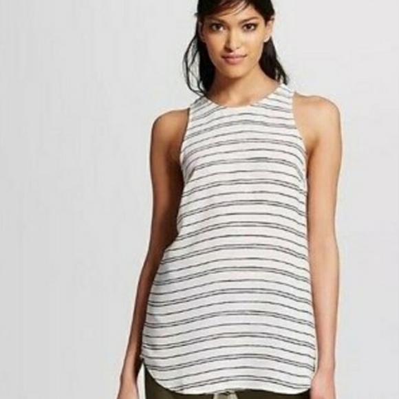 WHO WHAT WEAR Sleeveless Stripe High Neck Blouse Shell Tank Cream Sz Small - Picture 1 of 5